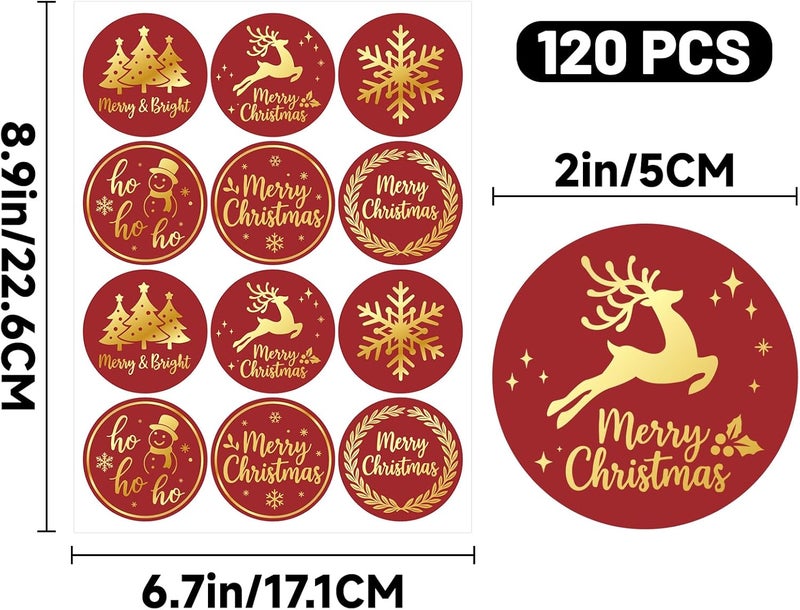 Alynta Merry Christmas Stickers - 2 Inch 120Pcs Holiday Stickers Gold Foil Merry and Bright Sticker Large Round Christmas Tree Snowflake Snowman Labels for Envelope Seals Cards Ornaments (Red) - Image 2